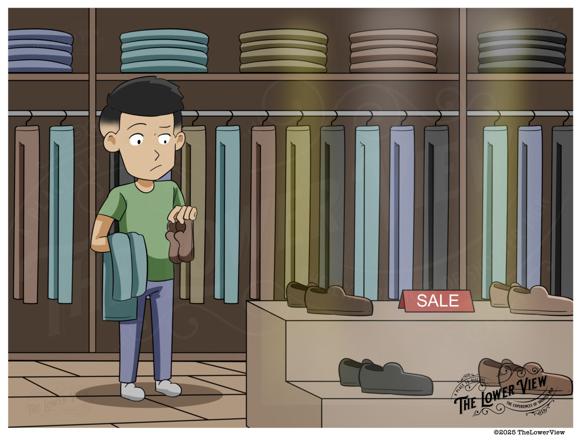 Short man matching the colors of his shoes to his pants